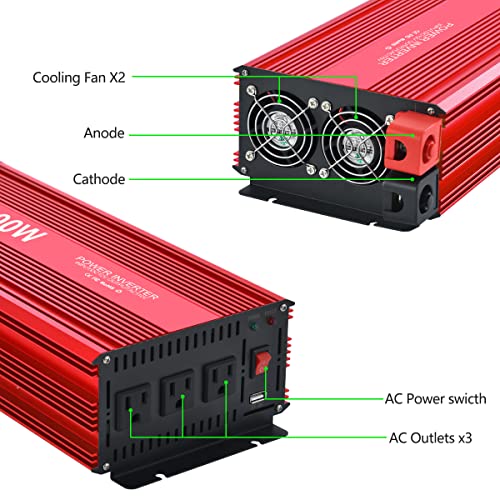 2000W Power Inverter 2000 Watt Modified Sine Wave Inverter With 3 Ac Outlets And 2.4A Usb Port Converter Dc 12V In To Ac 110V Out For Car Rv Truck(Red) #TOP2