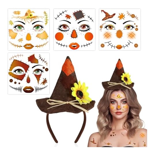 HOWAF Diadema Sombrero de Espantapájaros & Tatuajes Halloween Cara Tatuajes Temporales para Disfraz Espantapájaros, Disfraz Halloween Carnaval