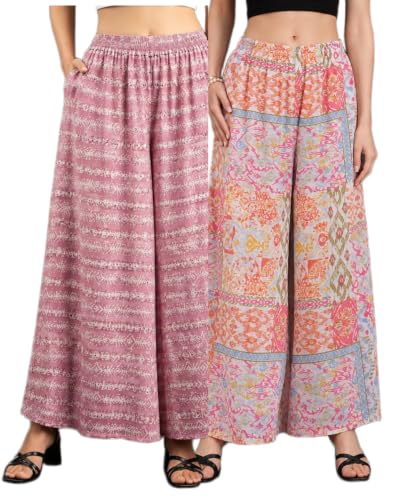 Image of Women Printed Palazzo Pants Combo Pack of 2, Comfortable Elastic Waist Lounge Pants for Women | Relaxed Fit, Loose Fitting Wide Leg Palazzo Pants, Casual Bottom (Available in S to 3XL Size)