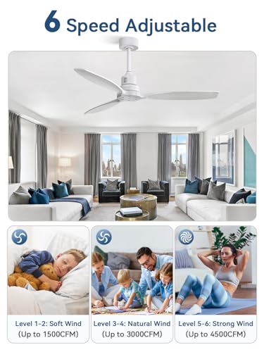 Image of Sofucor 52 Inch Solid Wood Ceiling Fans no Light, Works with App /Alexa /Google, Dimmable 6-Speed Outdoor Ceiling Fan with Remote for Indoor Bedroom Living Room Outdoor Patio Porch