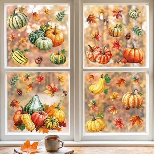 Image of Fall Window Clings Decor Pumpkin & Leaf Autumn Thanksgiving Decorations | 8 Sheets Holiday Stickers for Glass Windows, Autumn Harvest Decals for Home Office School Classroom Farm, Glass Doors Decor