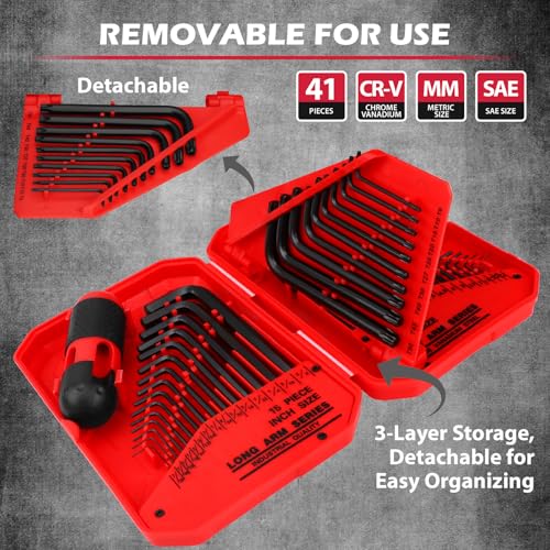 41-Piece Hex Key Allen Wrench Set, L Shape Hex and Torx Key Wrenches with Torque Handle | SAE(0.028"-3/8") | Metric(0.7mm-10mm) | Torx(T9-T50) in 3-Layer Storage Case, Heat Treated Cr-V Steel