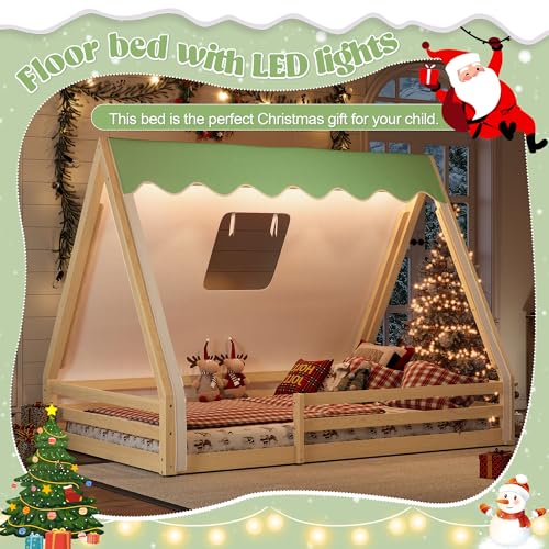 Image of CZBZ Full Size House Floor Bed with Canopy Tent and LED Lights, Wood Teepee Montessori Floor Beds Frame with Guardrails for Kids, Playhouse Design for Safe Sleep & Imaginative Play