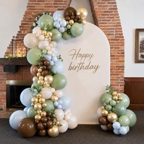 Image of Sage Green Blue Brown Balloons, 12 Inch Dinosaur Theme Dusty Blue Green | Dark Brown Latex Balloons for Jungle Safari Woodland Dino Balloons Boho Baby Shower Birthday Party Decorations