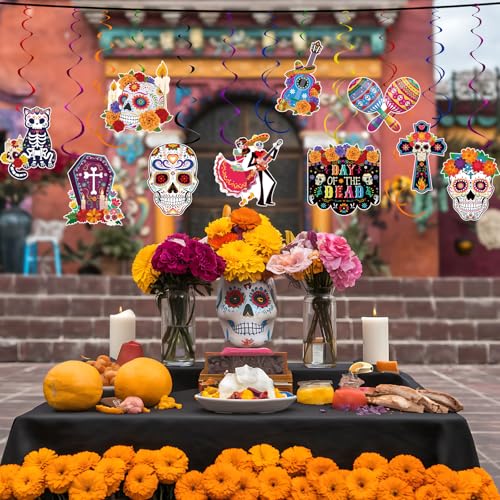 Image of 48 Pieces Day of the Dead Hanging Swirls Cinco De Mayo Party Decorations with Colorful Cross Skull Cat Bride Grave for Mexican Fiesta Themed Dia De Los Muertos Birthday Decor Supplies