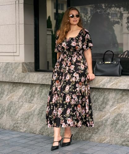 Image of RITERA Plus Size Dresses for Curvy Women Square Neck Short Sleeve Summer Floral Smocked Maxi Dress with Pocket XL-5XL