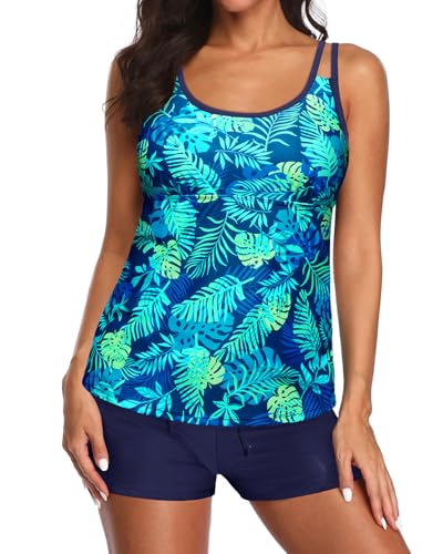 Image of Tempt Me Two Piece Tankini Swimsuits for Women Tummy Control Bathing Suit with Shorts Athletic Two Side Pockets Swimwear