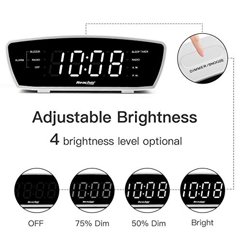 Reacher Simple Alarm Clock Radio with USB Charger Port, FM Radio, Dimmer, 6 Snoozes 9-Minute intervals, Adjustable Alarm Volume for Heavy Sleepers, for Bedrooms (White)
