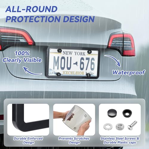 Image of License Plate Protector 2PCS, Clear License Plate Cover & Frames, Rust-Proof Auto Car License Plate Covers and Frames Holder with Screws & Caps, Universal Tag Cover for License Plate (Black)