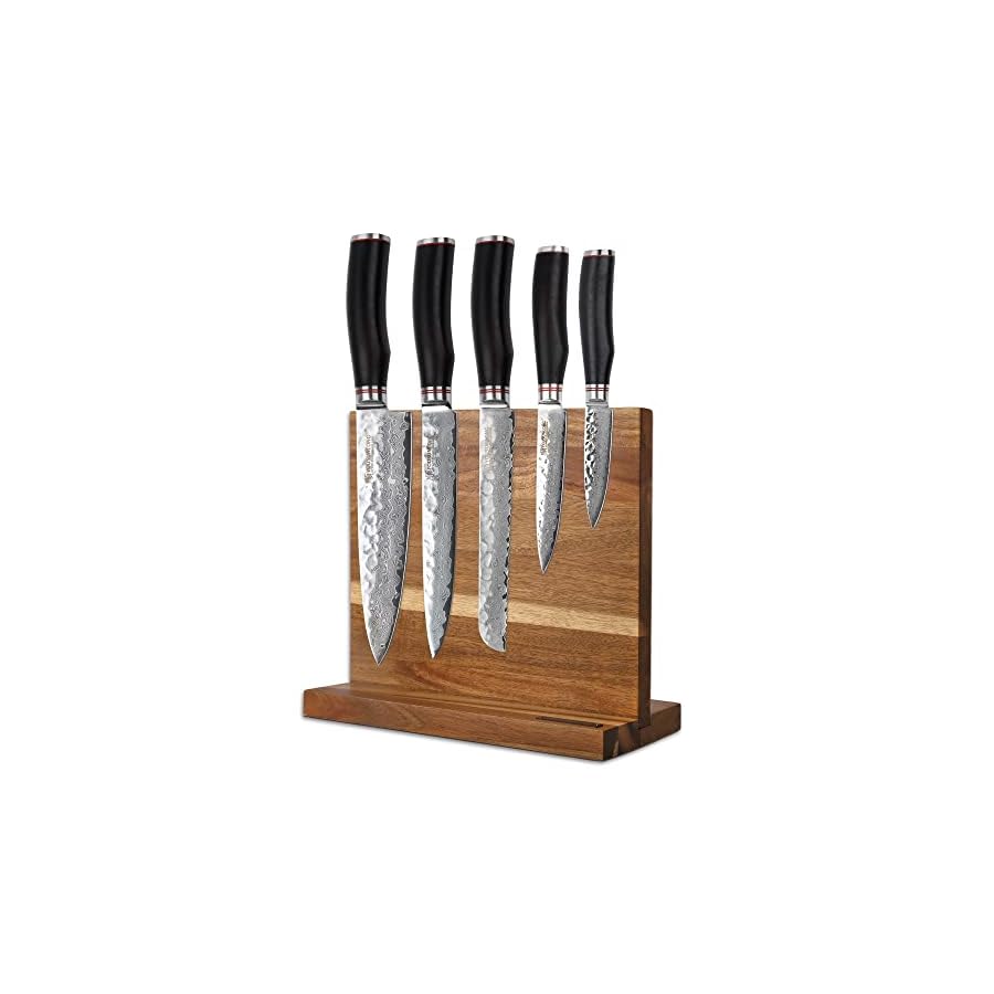 YOUSUNLONG Knife Set Block - 5pcs Kitchen Knives Set with Natural Acacia wood Holder - Japanese Hammered Damascus Steel Blade - Natural Ebony Handle with Gift Box