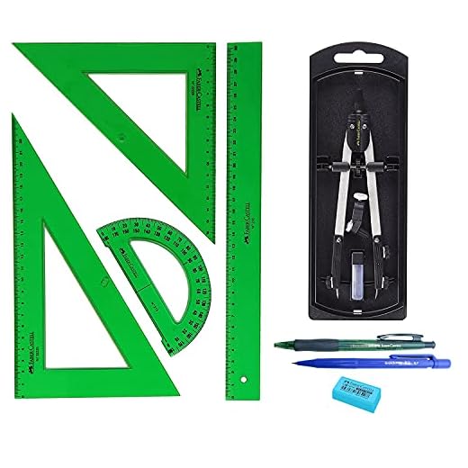 PACK LOTE Faber Castell. Juego de Reglas Verdes 65021 escuadra, cartabón, regla y semicírculo + Bigotera Compás con adaptador universal 32722-8 + REGALO
