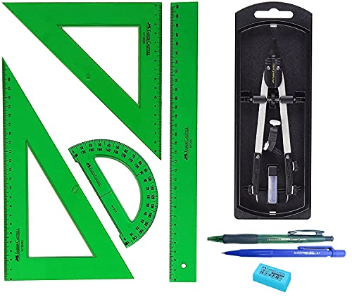PACK LOTE F Castell. Juego de Reglas Verdes 65021 escuadra, cartabón, regla y semicírculo + Bigotera Compás con adaptador universal 32722-8 + REGALO