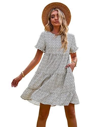 Robe d'été décontractée blanche fleurie col rond à volants taille L