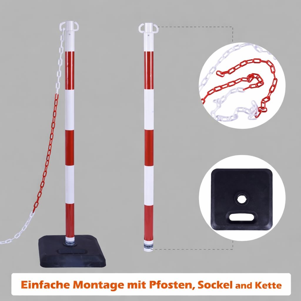 [4 Stück] Verkehrsbegrenzer, 40 Zoll/100 cm, Absperrpfosten mit verbundener Kette 20 ft/600 cm und Basis befüllbar mit Sand/Wasser für Parkplatz, Straßenbau