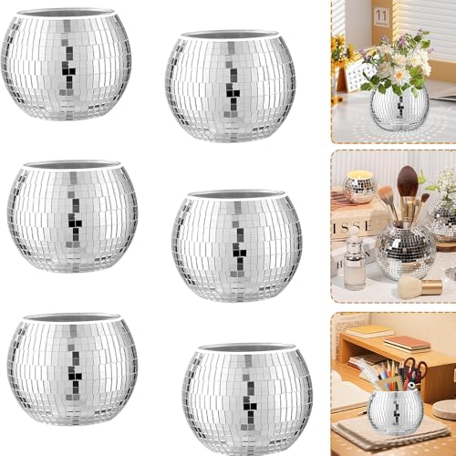 Lot de 6 boules disco décoratives pour plantes,Pot de fleurs disco,Jardinière disco argentée,Jardinière Boule Disco,Pot de Fleurs de Boule Disco,Disco Ball Planter,Boule Disco Plante, Vase Boule Disco