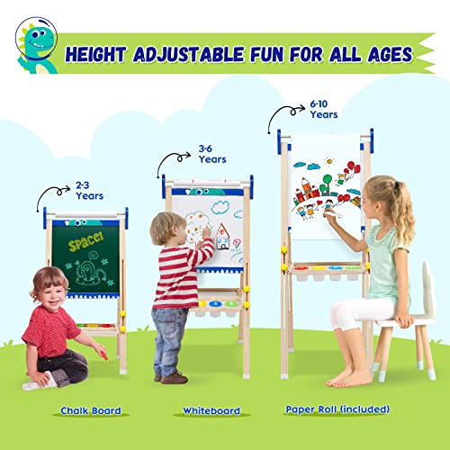 Kinder Spiel-Tafel aus Holz| Faltbare Doppelseitige Kunststaffelei für Whiteboard und Kreidetafel|höhenverstellbar mit Papierrolle, Kreidetafel, Whiteboard, Stift, Reichhaltige Accessoires