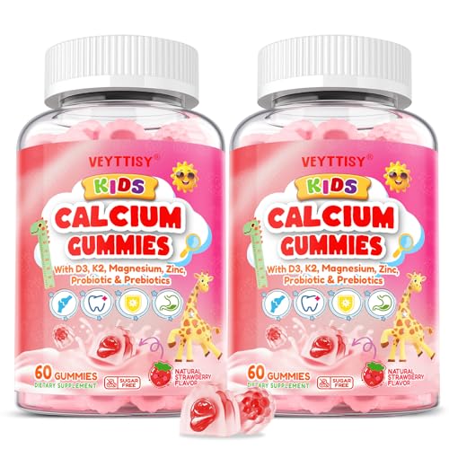 Kids Calcium Gummies with D3 & Magnesium for 4+: Sugar Free Calcium Citrate with Vitamin D3, K2, Zinc, Probiotics & Prebiotics for Kids – Gluten Free, Vegan, Natural Strawberry Flavor