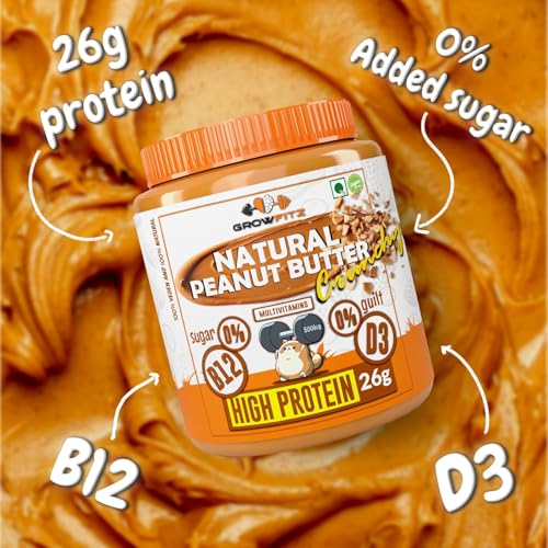 Image of Growfitz Natural Peanut Butter Smooth 800g | 26g High Protein | Unsweetened, 100% Roasted Peanuts | Nut Butter Spread for Workout | No Sugar, No Palm Oil, Gluten & Cholesterol Free (Pack of 1)