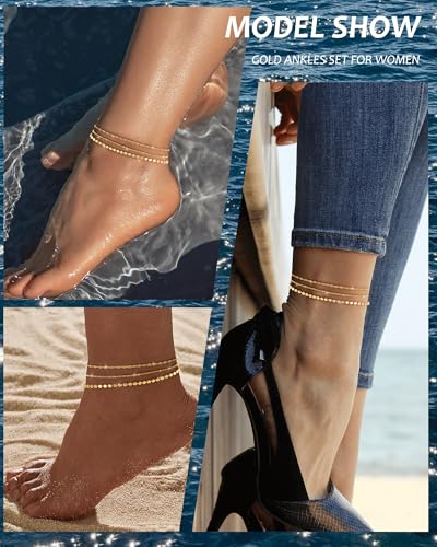 Image of ZHESHY Gold Silver Ankle Bracelets for Women 14K Gold Plated Anklets for Women Waterproof Cuban Link Heart Chain Anklets Set Non Tarnish Dainty Layered Anklet Bracelets for Women Summer Beach Jewelry