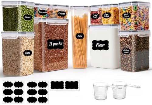 ComSaf 11 Pcs Plastic Airtight Food Storage Containers, Kitchen Pantry Organizers with Locking Lids & Labels for Flour,Cereal,Pasta,Sugar,Coffee,Ideal for Home Bakers and Households,Stackable