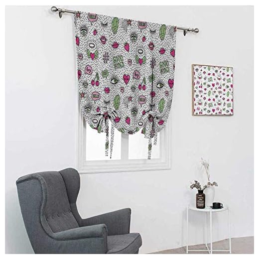 Good Vibes köksgardiner, åttiotalet stil mönster ögon läpp stjärna jordgubbe körsbär popkonst knyt-upp draperier, rosa grön svart, 107 cm x 183 cm