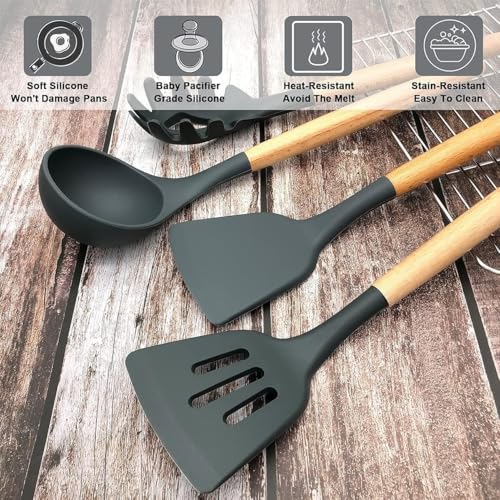 Image of Sakoraware Silicone Kitchen Utensils Spoon Spatula Cooking 12 Pcs Set | Baking Set | Non-Stick with Wooden Handle- BPA Free, Heat Resistant Item Flexible Non Toxic Silicon Cookware Tools with Holder