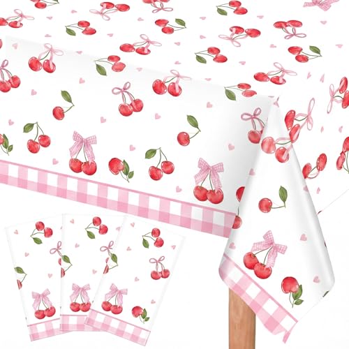 Image of Ganeen 3 Pcs Pink Bow Cherry Tablecloths Cherry Birthday Decorations Disposable Plastic Bow Rectangle Table Cover Waterproof for Birthday Baby Shower Mother's Day Wedding Party Supplies, 54 x 108 Inch