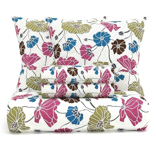 Image of VAS COLLECTIONS 220 TC Cloud Cotton 5-Piece Bedding Set for Double Bed (90x100 Inches) | Bedsheet with 2 Quilted Cushion Covers (Zipper) & 2 Pillow Covers | Pink, Blue & White
