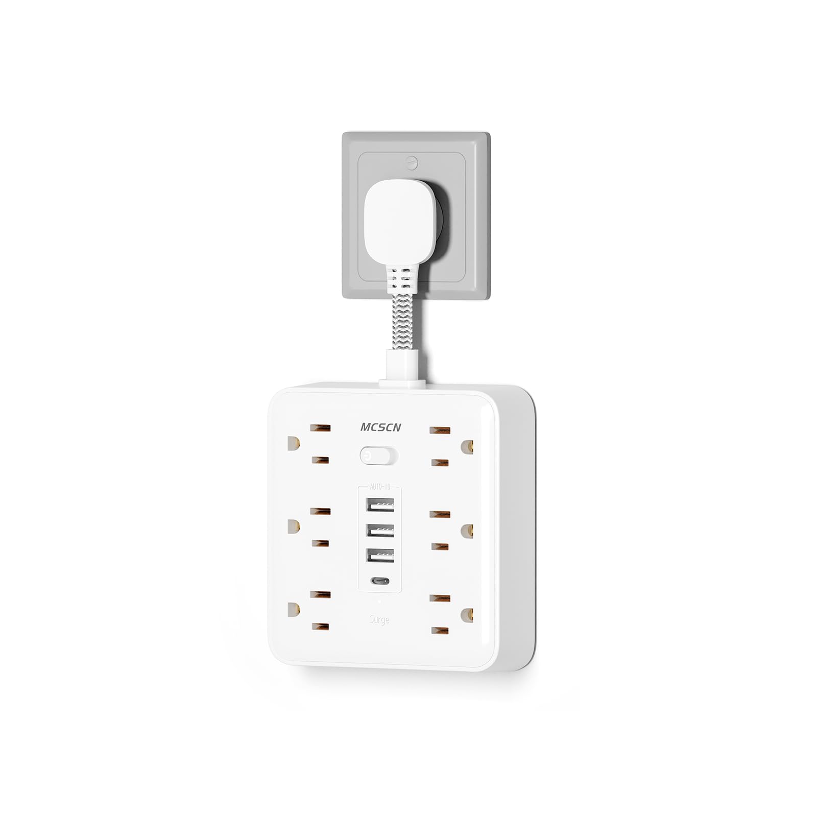 Portable Slim Flat Plug Surge Overload Protector Power Strip Wall Outlet with 6 AC Power Outlets 4 USB