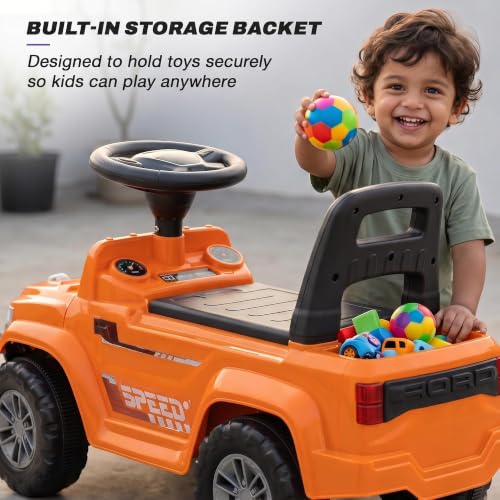 Image of Baybee Speedy Baby Ride on Car for Kids | Push Toy Cars with High Backrest | Portable Kids Car with LED Lights, Music & Storage Basket | Toddler Rideons Jeep for 1 to 3 Years Boys Girls (Orange)