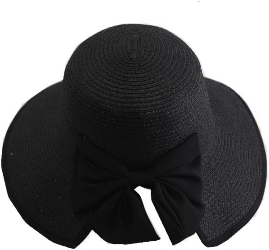 Straw Sun Hat Foldable Packable Wide Brim Summer Beach Hat Crochet Hat with Bowknot for Women Girls One Size A-black