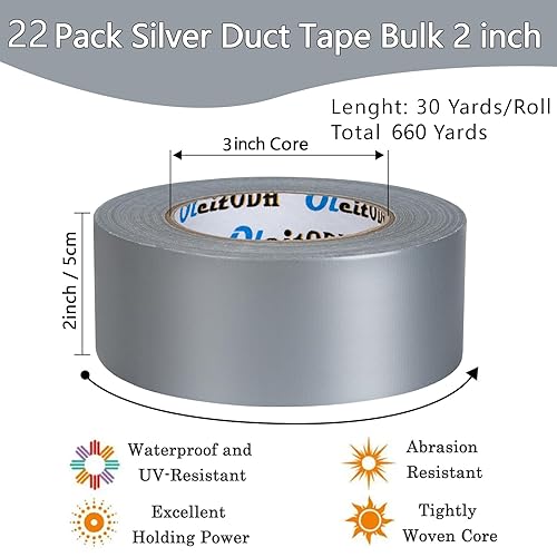 Image of 22 Pack Silver Duct Tape Bulk, 2 inch X 660 Yards, Heavy Duty Waterproof, Strong No Residue All-Weather Duct Tape, Tear by Hand, Multi-Use for Indoor & Outdoor Repairs, Industrial, Professional Use
