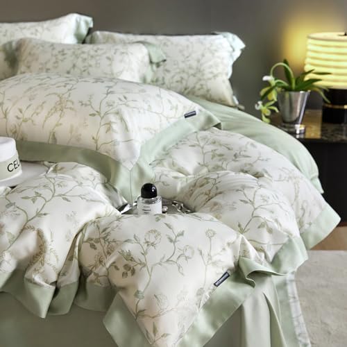 VM VOUGEMARKET Eucalyptus Lyocell Duvet Cover with 2 Pillow Shams,Vintage Garden Flower Bedding Set,Silky Soft, Cool-to-The-Touch Comforter Cover for Summer-King,Mint Green