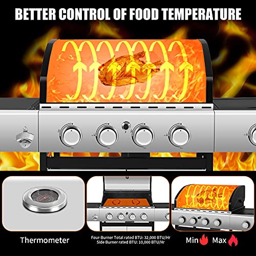 ZAFRO-Portable-Liquid-Propane-BBQ-Gas-Grill-with-4-Burner-42000-BTU-Stainless-Steel-Enamelled-Cooking-Grills-Temperature-Display-Bottle-Opener-Side-Burner-Perfect-for-Camping-Barbecues-Suitable-for-Ou