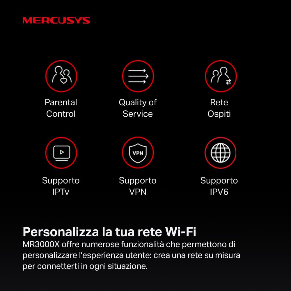 Mercusys TP-Link MR3000X AX3000Mbps Router WiFi 6 Dual-Band, 4 Porta Gigabit, 2402Mbps su 5 GHz e 574Mbps su 2,4 GHz, 4 Antenne Ad Alto Guadagno, OFDMA, WPA3, Canali da 160MHz,VPN, non supporta xDSL
