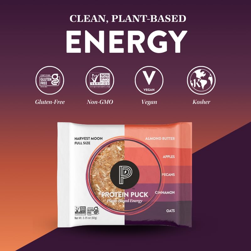 Image of Protein Puck Plant Based Protein Bars 16 Count 3.25oz Full Size HarvestMoon | Snacks with Vegan Protein, Gluten Free, Non Dairy, Kosher Certified Non GMO Premium Healthy Bars