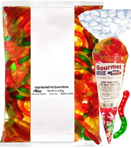 Gummi Gummy Worms Fruit Flavor Albanese - Bulk Candy 5Lb Bag With Large Night Crawler Size Worms Gourmet Kruise Signature Gift Bag 11 OZ (NET WT 5 LBS.11OZ) 2 Item Bundle