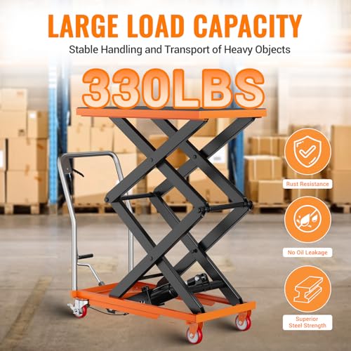 Double Scissor Lift Table, 330lbs Capacity 59" Lifting Height, Hydraulic Lift Table Cart with Locking Wheels and Non-Slip Pad, Hydraulic Scissor Cart for Material Handling and Transportation by ExploreHorizon - Image 2