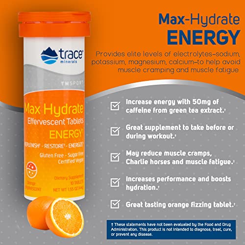 Trace Minerals | Max-Hydrate Endurance | Effervescent Tablets | Energy Support | Replenishes Electrolytes & Helps Avoid Muscle Cramps And Muscle Fatigue | Orange Flavor | 8 X 10 Tabs #TOP1