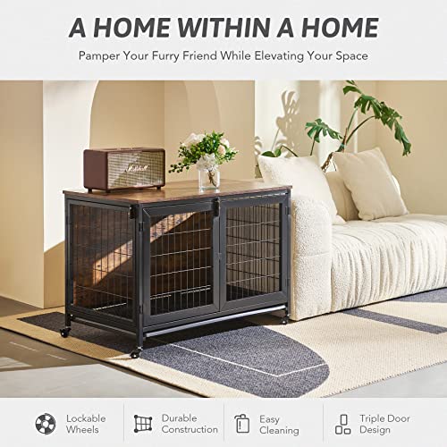 CO-Z-37-Inch-Furniture-Dog-Crate-with-Wheels-110-lb-Pet-Puppy-Dogs-Indoor-Furniture-Style-Wooden-Kennel-Heavy-Duty-Pet-Cage-House-for-Small-Medium-Large-Dogs-Triple-Door-Side-End-Table-Dog-House