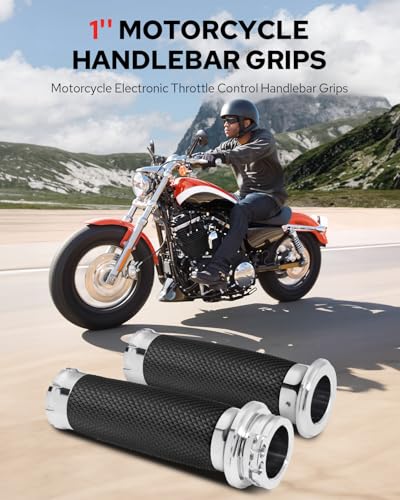 Benlari 1 Inch Motorcycle Hand Grips Handlebar Grips Cable Throttle Fit for Harley Davidson Sportster Touring Street Glide Road Glide Dyna Softail 883 1200, Chrome - Thumbnail 2