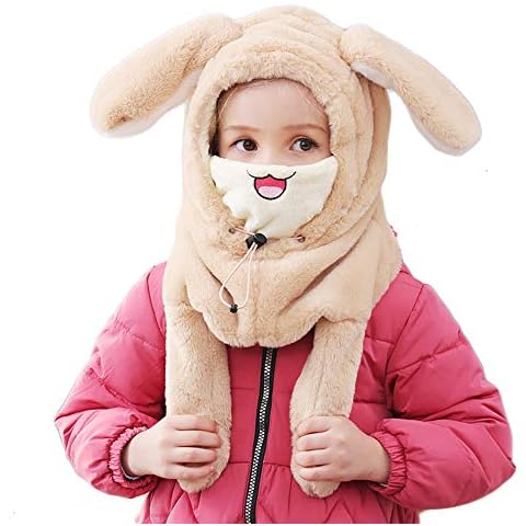 SEFILKO Kid Cute MovableBunny Ears Balaclava Hat Scarf Face Mask Set Fleece Winter Warm Hat Windproof Face Mouth Cover Cap Neck Warmer for Boy Girl (Khaki) Cover