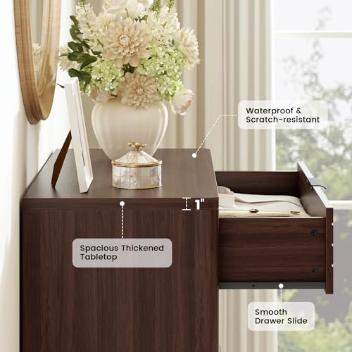 Image of Fluted 5 Drawers Dresser for Bedroom, 44'' Tall Wooden Chest of Drawers with Metal Handles, Modern Dresser TV Stand, Wood Clothing Storage Organizer for Living Room, Entryway, Walnut