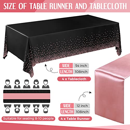 Image of Breling 8 Pack Black and Rose Gold Disposable Plastic Tablecloths and Satin Table Runner Set, 54 x 108 Inch Tablecloth, 12 x 108 Inch Table Runners for Wedding Graduation Birthday Baby Shower New Year