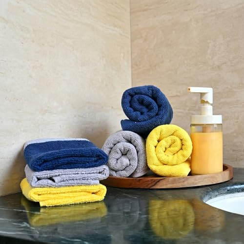 Image of Divine Casa Cotton Hand & Face Towel Set of 6 (500 GSM) | Ultra Soft, Highly Absorbent | 3 Hand Towels (40x60 cm) & 3 Face Towels (30x30 cm) | Yellow, Blue & Grey