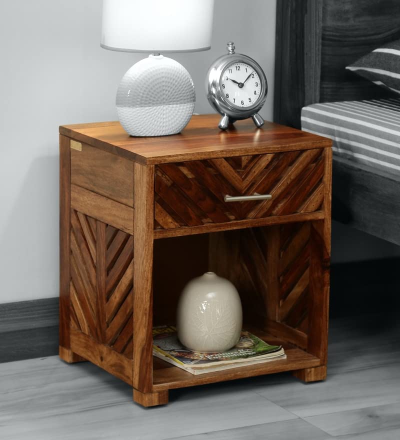 Image of DEMIWALL Wooden Bedside Table for Bedroom | Solid Wood Bed Side Nightstand Table with Drawer & Shelf Storage for Home & Office | Sheesham Wood, Rustic Teak Finish