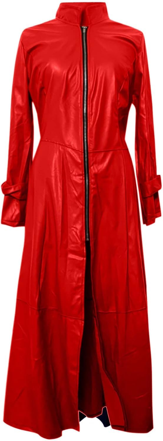 ASIYAN Damen-Lederjacke, Langer Trenchcoat, Damen-PU-Lederkleid, Damen-a-Trenchcoat – Schwarz – Frühling – Herbst – Kunstleder – Windjacke – Gothic Lederjacke Kunstlederjacke