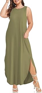Womens 2025 Plus Size Sleeveless Tank Dress Casual Loose Sundress Split Summer Beach Long Maxi Dresses with Pockets - Buy now