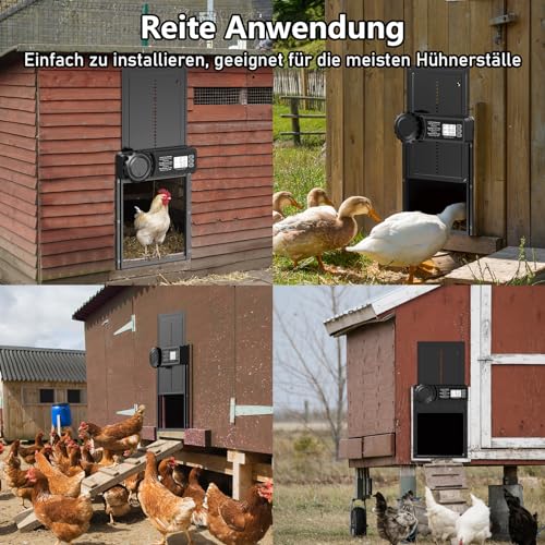 Aluminum Automatische Hühnerklappe Batterie, MASTERFUN Elektrische Hühnerklappe Automatisch Hühnertür mit Wasserdicht Großes Display, Timer, Manuelle, Intelligenter Einklemmschutz