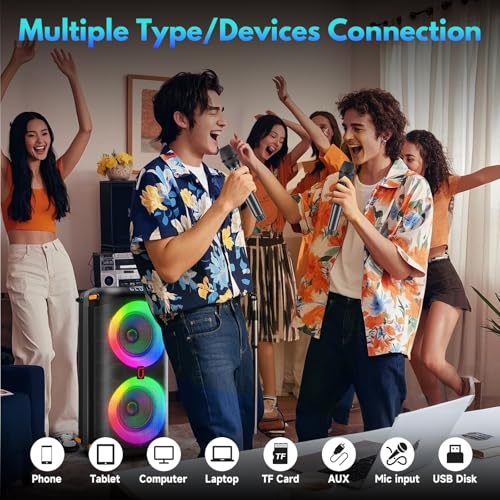 Image of Karaoke Machine with 2 Wireless Microphones, Portable Bluetooth 5.3 Karaoke Speaker for Home Outdoors, PA System for Adults with Echo Adjustment /LED Lights, Support TV /USB /AUX /TF